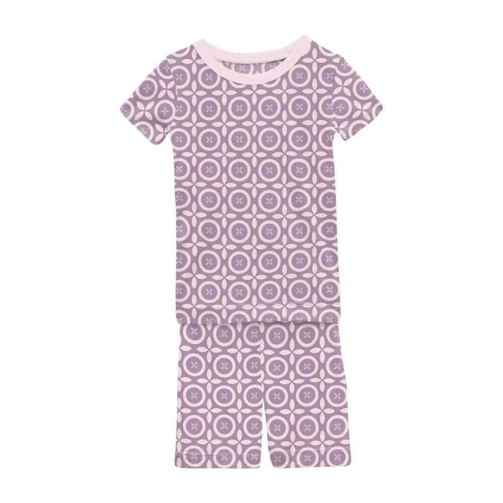 NEW KICKEE kids' short sleeve pajama set with shorts in lavender flower lattice
